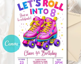 Roller Skating Birthday Invitation, Pink Purple Girl Kids Skate Birthday Party, Girl Roller Skating Invitation, Editable Canva Template
