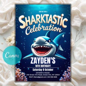 Shark Birthday Invitation, Shark Birthday Invitation, Shark Invites, Shark Invitation, Kids Birthday Party Invites, Editable Canva Template