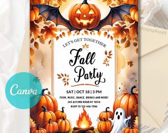 Fall Party Invitation, Autumn Harvest Party, Fun Bonfire Campfire Fall Festival Invitation, Fall Block Party Invite, Editable Canva Template