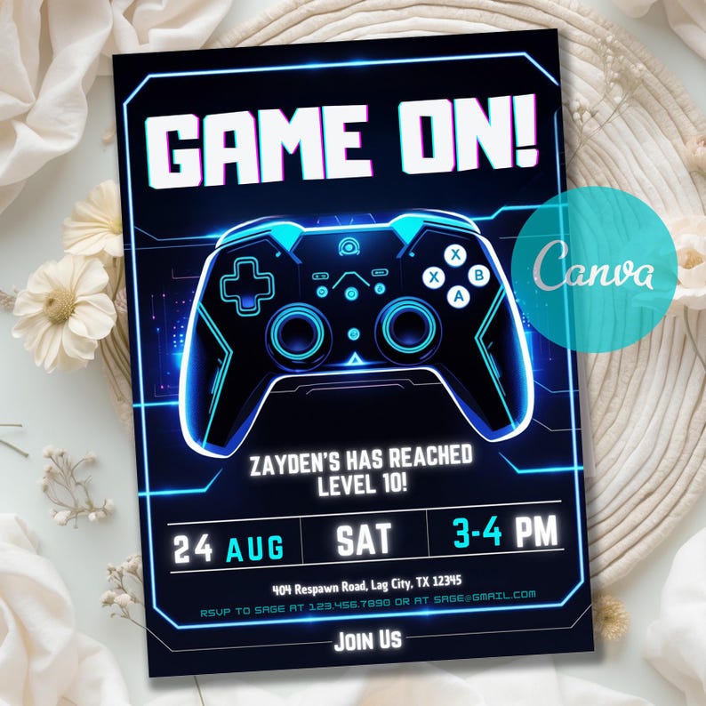 Birthday Invitation,Invitation for Boys,Canva video game,invitation template,Team Sports Template,Game Birthday Invite,One Year First,Gamer Party Invite,Level up Birthday,Video Game Birthday,Neon Gaming Invite, gamer truck party,game truck boy