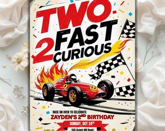 Two Fast Birthday Invitation, Two Fast 2 Curious Race Car Invite, 2nd Birthday Invitation, Race Car 2nd Birthday, Editable Canva Template
