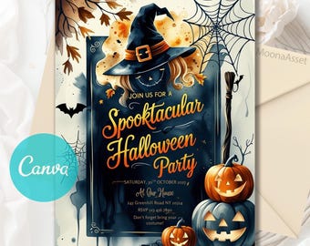 Halloween-Party-Einladung, Halloween-Einladung, gruseliges Kürbis-Thema, Herbstparty, Spuktakel, Sofort-Download, bearbeitbare Canva-Vorlage