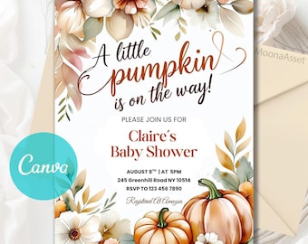 Little Pumpkin Baby Shower Invitation, Fall Pumpkin Baby Shower Invite, Autumn Baby Shower Invite, Little Pumpkin, Editable Canva Template