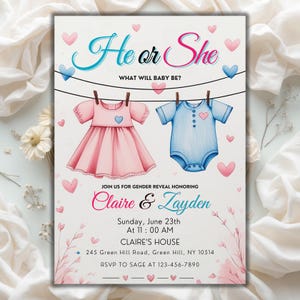 Pink or Blue Baby Clothes Gender Reveal Invitation, Clothesline Gender Reveal Invite, Pink And Light Blue He or She, Editable Canva Template
