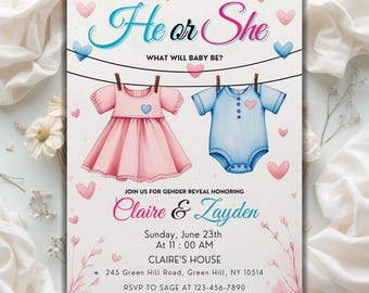 Pink or Blue Baby Clothes Gender Reveal Invitation, Clothesline Gender Reveal Invite, Pink And Light Blue He or She, Editable Canva Template