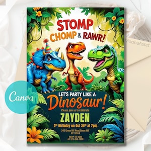 Faire-part dinosaure modifiable, faire-part d'anniversaire dinosaure, invitation fête T-Rex, invitation anniversaire dinosaure, modèle de toile modifiable