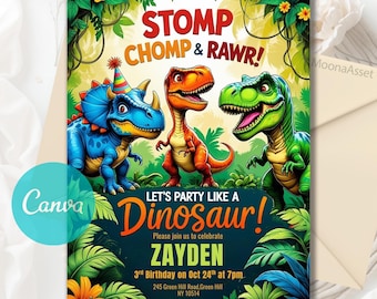 Editable Dinosaur Invitation, Dinosaur Birthday Party Invitation, T-Rex Party Invite, Dinosaur Birthday Invite, Editable Canva Template