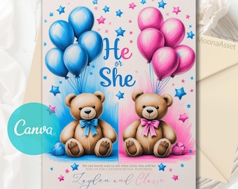 Gender Reveal Invitation, Teddy Bears Gender Reveal Invitation, Teddy Bear Idea Gender Reveal Invite, He Or She, Editable Canva Template