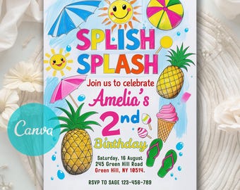 Invitación de cumpleaños editable "Splish Splash", fiesta en la piscina editable, invitación de cumpleaños para fiesta en la piscina, plantilla editable de Canva