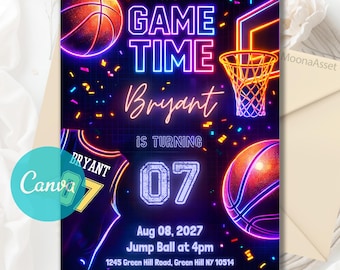 Editable Basketball Birthday Invitation Digital Basketball Game Sports Party American Black Neon Birthday Invite Personalized Canva Template