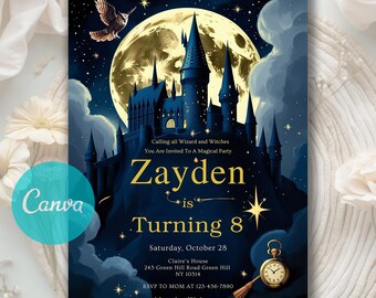 Wizards Witches Birthday Invite, Magical Birthday Invitation, Magical Birthday Invite Castle Wizardry Party Invite, Editable Canva Template