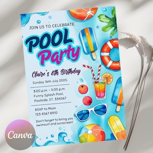 Bearbeitbare Pool-Party-Einladung, Pool-Party-Geburtstags-Einladung, Pool-Party-Einladung, Sommer-Geburtstags-Party einladen, Canva bearbeitbare Vorlage