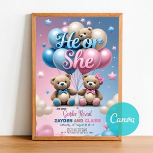 Invitation Template, Instant Download, EDITABLE TEMPLATE, teddy bear shower,couples shower,teddy bear invite, boy or girl invite, he or she evite,blue and pink invite, guess the gender, what will it be,,watercolor template, gender announcement