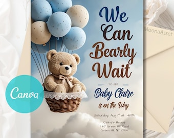 EDITABLE Blue Boy Boho Teddy Bears Baby Shower Invite, We Can Bearly Wait Invitation, Bear Baby Shower Invitation, Editable Canva Template
