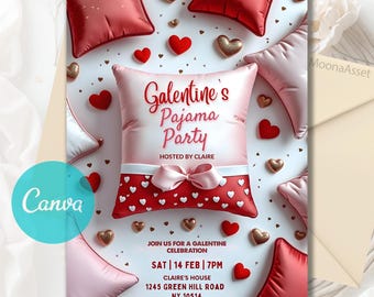 Bearbeitbare Galentin's Pyjama Party Einladung, Mädchen Sleepover Valentine Party einladen, Galentine Pink Pyjama Nacht einladen, Canva Vorlage