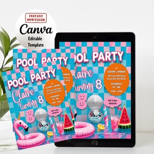 Bearbeitbare Pool-Party-Einladung, Pool-Party-Einladung, Pink Glow-Einladung, Pool-Party-Geburtstagseinladung, Canva bearbeitbare Vorlage