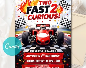 Editable Two Fast Birthday Invitation, Race Car 2nd Birthday, Two Fast 2 Curious Race Car Invite, 2nd Birthday Invitation, Canva Template