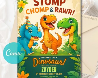 Dinosaur Birthday Party Invitation, Dinosaur Cartoon Invitation, T-Rex Party Invite, Dinosaur Birthday Invite, Editable Canva Template