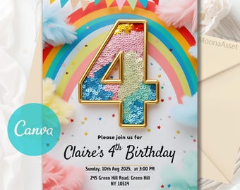 4th Birthday Invitation Girl, Girls Pink Birthday Invite, Rainbow Sequin Glitter Invite Printable Template for Girls Party, Editable Canva