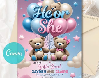 EDITABLE Teddy Bears Gender Reveal Invitation, Pink And Light Blue He or She, Teddy Bear Idea Gender Reveal Invite, Editable Canva Template