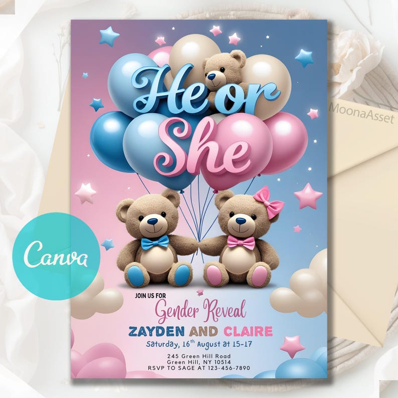 Invitation Template, Instant Download, EDITABLE TEMPLATE, teddy bear shower,couples shower,teddy bear invite, boy or girl invite, he or she evite,blue and pink invite, guess the gender, what will it be,,watercolor template, gender announcement