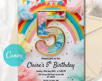 5th Birthday Invitation Girl, Girls Pink Birthday Invite, Rainbow Sequin Glitter Invite Printable Template for Girls Party, Editable Canva