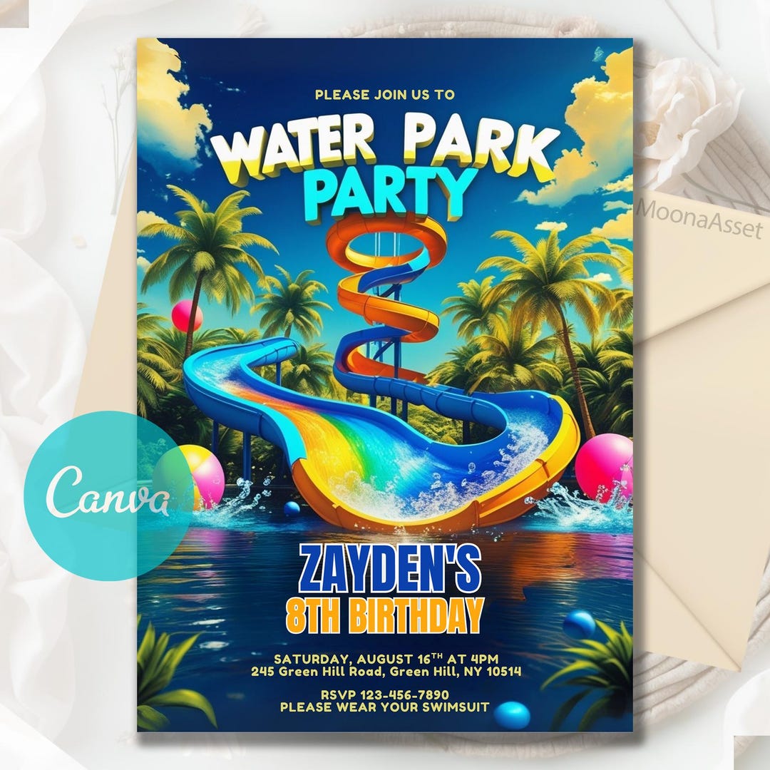 Water Park Birthday Invitation, Water Park Party Invite, Summer Pool