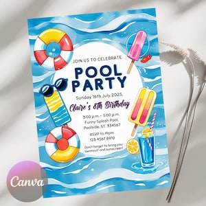 Bearbeitbare Pool-Party-Einladung, Sommer-Geburtstags-Party einladen, Pool-Party-Einladung, Pool-Party-Geburtstagseinladung, Canva bearbeitbare Vorlage