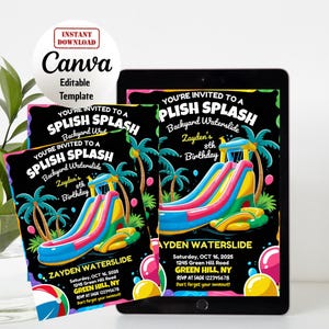Editable Waterslide Birthday Invitation, Splish Splash Birthday Invitation, Pool Invitation, Water Slide Bash, Canva Editable Template