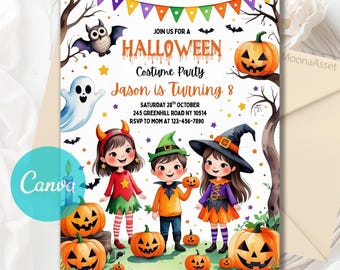 Editable Spooktacular Costume Party, Halloween Costume Party Invitation, Halloween Birthday Party Invitation, Cute, Editable Canva Template