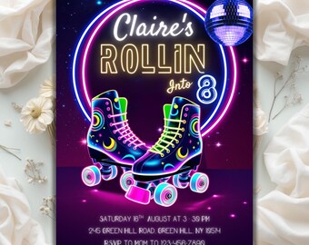 Skate Party Birthday Invitation, Party Invitation, girl, boy, Roller Skating, Retro Neon Lights, Evite Template, Editable Canva Template