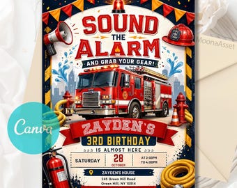 Editable Fire Truck Birthday Invitation, Firefighter Birthday Invite, Firetruck Invitation, Fire Engine Invitation, Digital, Canva Template