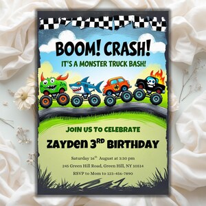 Op de afbeelding: Een kleurrijke uitnodiging met de tekst "BOOM! CRASH! IT'S A MONSTER TRUCK BASH!" toont monstertrucks en een verjaardagsthema. De uitnodiging bevat details voor Zaydens 3e verjaardag.