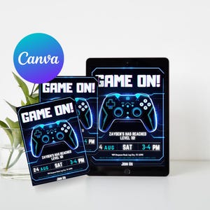 Birthday Invitation,Invitation for Boys,Canva video game,invitation template,Team Sports Template,Game Birthday Invite,One Year First,Gamer Party Invite,Level up Birthday,Video Game Birthday,Neon Gaming Invite, gamer truck party,game truck boy