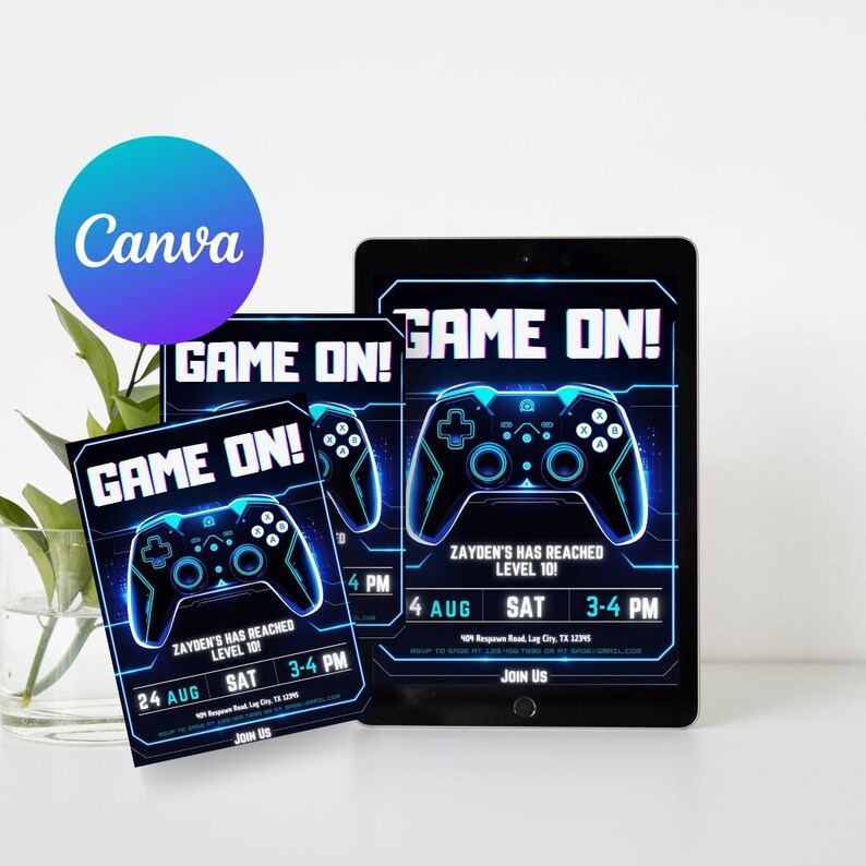 Birthday Invitation,Invitation for Boys,Canva video game,invitation template,Team Sports Template,Game Birthday Invite,One Year First,Gamer Party Invite,Level up Birthday,Video Game Birthday,Neon Gaming Invite, gamer truck party,game truck boy