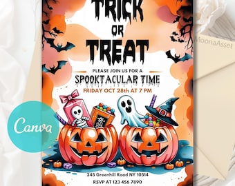Halloween Party Invitation, Trick or Treat Invite, Spooky Pumpkin Theme, Halloween Trick or Treat Invitation, Editable Canva Template