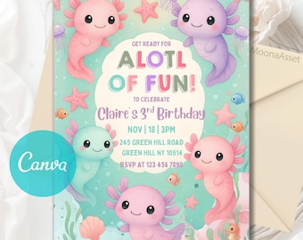 Editable Axolotl Birthday Invitation, Pastel Watercolor Axolotl Party Invite, A Lotl Fun Party Invite, Under the Sea Birthday Canva Template