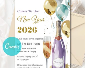 Editable 2026 New Year Invitation, New Year's Eve Party Invitation Template, Champagne Theme NYE Invite, Gold New Year Invite Canva Template