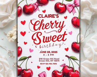 Invitación de cumpleaños con temática de cerezas, fiesta de cumpleaños de niña con temática de cerezas, invitación personalizada, invitación de cumpleaños con lazo de cerezas, plantilla editable de Canva