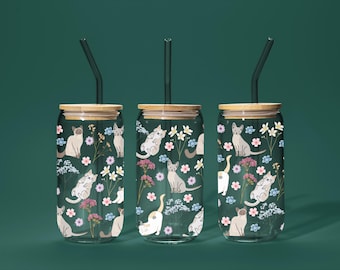 Floral Cat Sipper Glass – Cute Cat Drinkware, Flowered Mug, Pet Lover Gift, Unique Glass Cup, Cat Themed Drinkware, Gift for Cat Mom, Flower