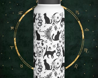 Black Cat Stainless Steel Water Bottle | Witchy Cat Design | Insulated Travel Mug | Magical Cat Lover Gift | Eco-Friendly Potion Bottle