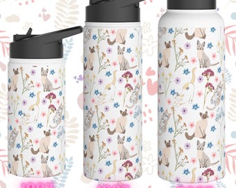 Floral Cat Stainless Steel Water Bottle – Cat Lover Gift, Reusable Drinkware, Cute Floral Cat Design, Bouquet Cat Design, 12oz, 18oz, 32oz,