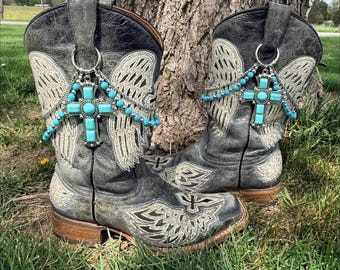 Turquoise Cross Charm Western Cowboy Boot Bling Jewelry Bracelet Chain Lei - Turquoise & Silver Beaded with Silver Chain