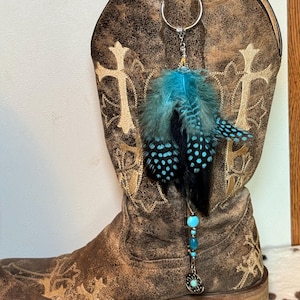 Ciondolo per stivali Western Boho con piume - Perline turchesi argentate - Ciondoli in argento - Ciondolo per borsa - immagine 4