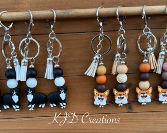 Australian Shepherd Aussie Pembroke Welsh Corgi Dog Silicone Beaded Keychain with Leather Tassel