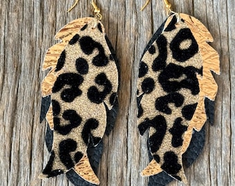 Leopard Print Faux Leather layered Fringe Feather Dangle Earrings: Western Boho style