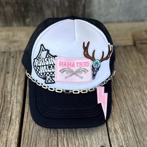 Black  Trucker hat Outlaw Country "Mama Tried" Iron on Patch Cap with Silver Chain Rasin Hell