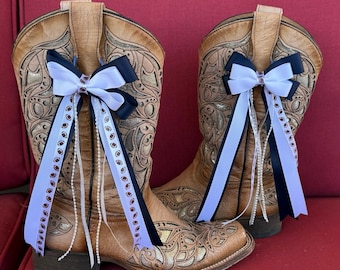 Navy Blue and White Ribbon - Pearl Cowboys Boot Bows: College Football Gameday boot jewelry bling outfit accessory. JSU colors