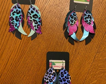 Leopard Cheetah Animal Print Faux Holographic Leather layered Feather Shaped Earrings: Western Boho Dangle! Bold colors!