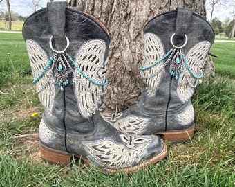 Braccialetto Western Cowboy Boot Bling con catena in argento e ciondolo pendente con turchese (coppia) set da 2
